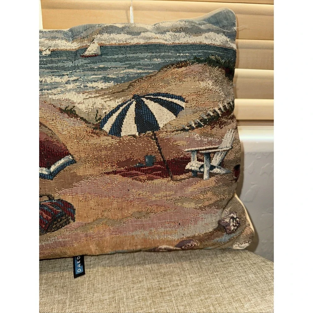 Vintage DAKOTAH Seascape Beach w/ Chair & Umbrella Tapestry Pillow 17